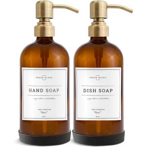 Vine Creations Amber Glass Soap Dispenser, 2 Pack Kitchen Soap Dispenser Set with Stainless Steel Pump, 16 oz Dish Soap and Hand Soap Dispensers for Bathroom with Waterproof Labels and Protective Pads (Amber Bottle / Brushed Brass Pump)