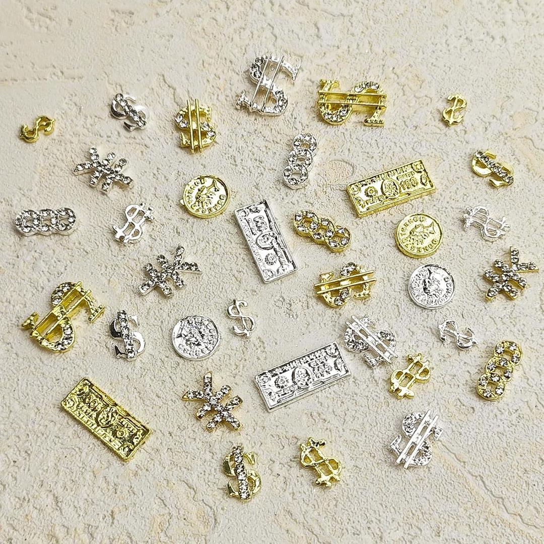 36Pcs Metal Money Dollar Nail Charms 3D Silver Gold Nail Rhinestones Shiny Luxury Money Sign Design Alloy Dollar Nail Art Gems Alloy Design for Women Girls Nail Decoration for DIY Acrylic Nails