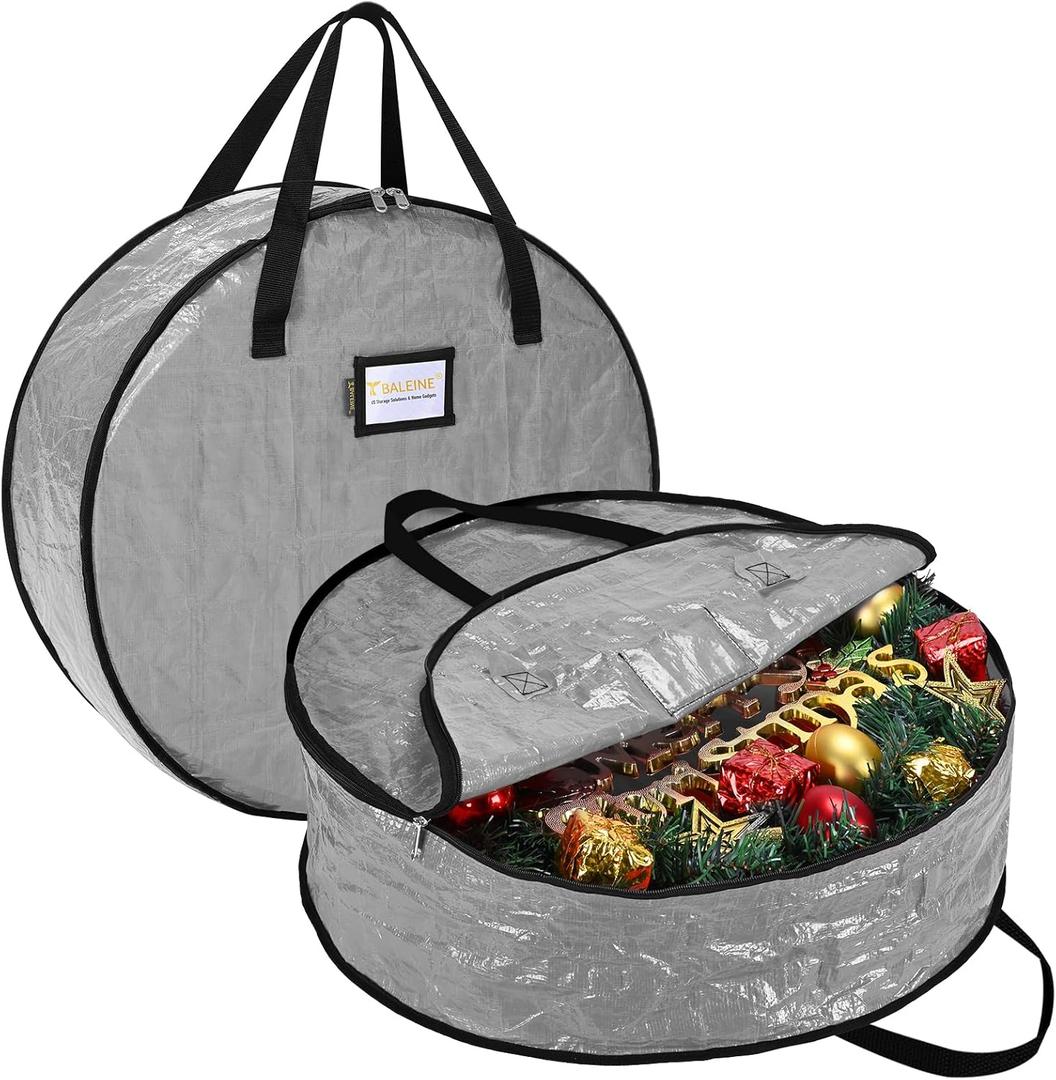 BALEINE Wreath Storage Container, 2 Pack Christmas Wreath Storage Bag with Tear Resistant PE Material and Reinforced Handle for Holiday Xmas (Grey, 36"x8") (Gray)