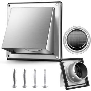Gisafai 4'' Dryer Vent Cover Outside Walls External Extractor Fan Exhaust Vent Cap Stainless Steel Hood Cushioned Non Return Flap with Sealing Gasket Grille Screen(Silver)