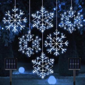Baquler 2 Set Christmas Snowflake Solar Lights 20 Feet 138 LED Waterproof Outdoor Cool White Twinkle Fairy Lights 8 Modes Solar Hanging String Lights Decoration for Xmas Tree Porch Roof Window Decor