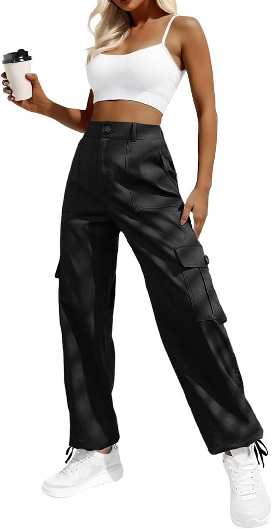 Lepunuo Women's High Waisted Cargo Pants Travel Y2K Streetwear Baggy Stretchy Pants with 6 Pockets Drawstring Ankle Cuffs (Black, M)