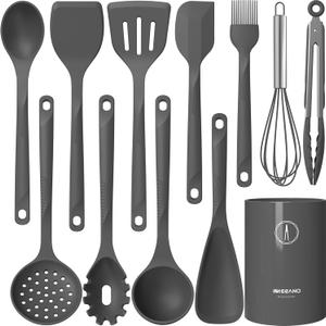 Silicone Cooking Utensils Set - 600F Heat Resistant, Nonstick Kitchen Utensil Set with Spatulas, Spoons, Whisk, Tongs, BPA Free, Dishwasher Safe (Gray)
