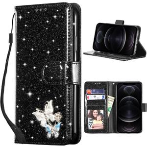 UEEBAI Wallet Case for iPhone 17, Glitter PU Leather Phone Cover Card Slots Kickstand Wallet Magnetic Closure Bling Flip Case Shockproof Hand Strap Flip Cover - Black