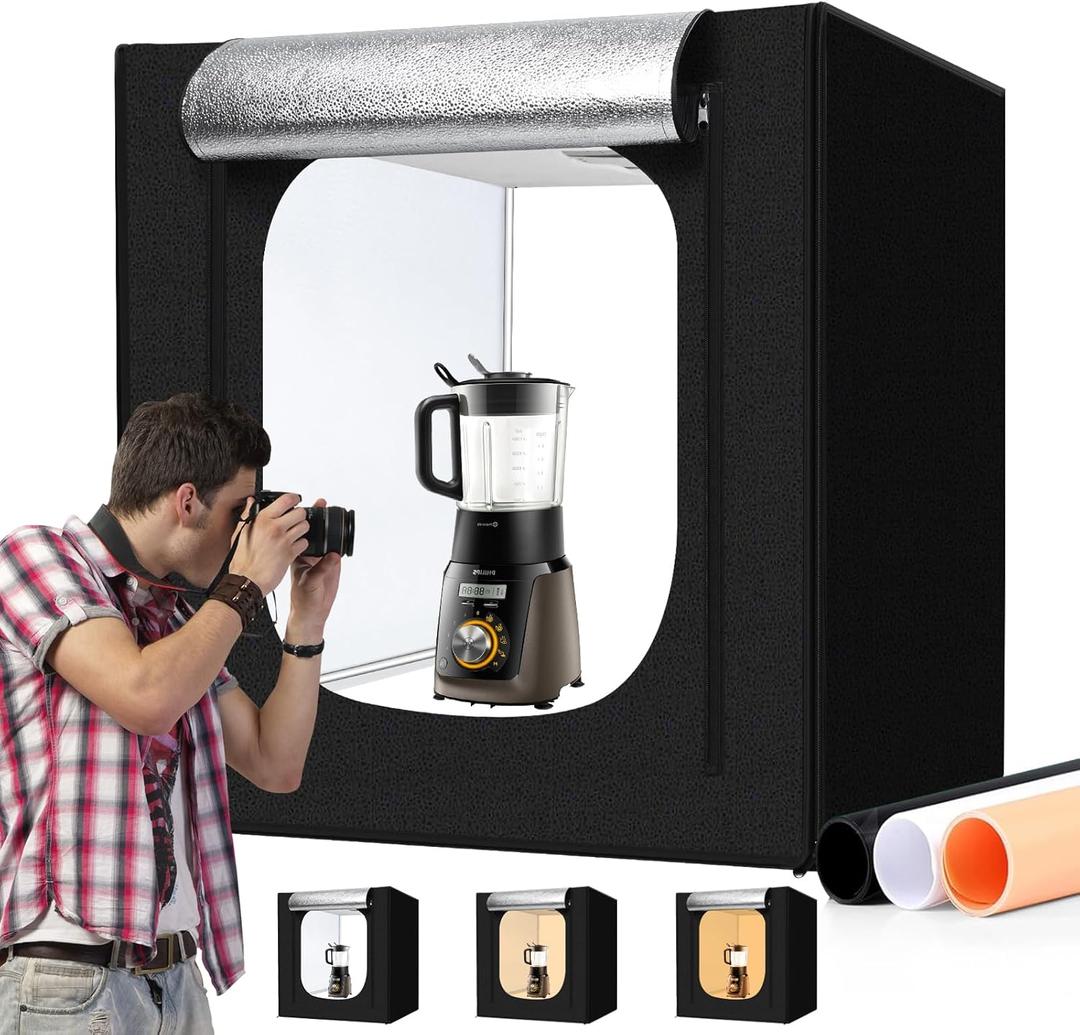 Photo Light Box 28x28 Inch for Photography, 3 Color 10-Level Adjustable Photo Box with Soft Light Cloth Professional Photo Background Shooting Tents White Light, Soft Light, Warm Light