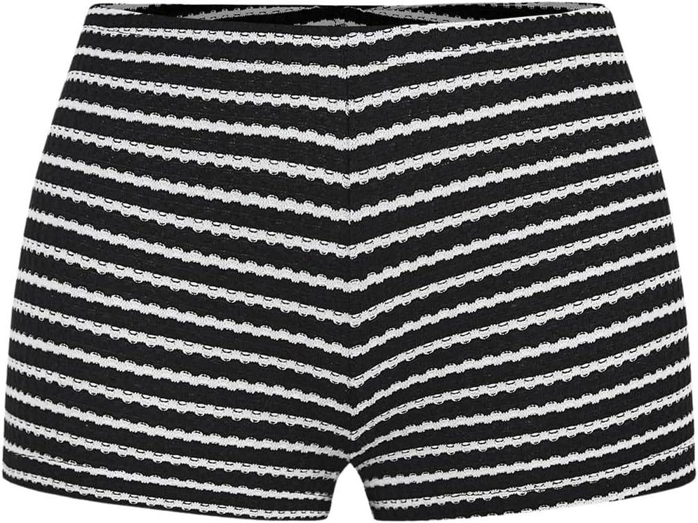 SHENHE Women's Striped Shorts Low Rise Bodycon Cute Mini Shorts Summer Casual Shorts (Large, Black and White)