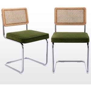 Zesthouse Natural Rattan Dining Chairs Set of 2, Olive Green Modern Kitchen Chairs with Solid Wood Back & Chrome Base, Mid Century Breuer Design Inspired, Upholstered Velvet Fabric