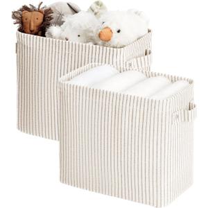 StorageWorks Narrow Storage Bins, Small Basket for Closet and Shelves, Rectangular Fabric Organizer with Handles, Toilet Paper Storage, Khaki and Beige Stripes, 2-Pack