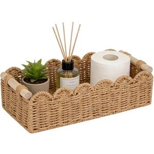 Upgraded Paper Rope Scalloped Edge Toilet Paper Storage Basket, Small Living Room, Bedroom Decor Baskets for Over Toilet Storage Shelf, End Table, Shelves and More, with 2 Wooden Handle (Neutral)