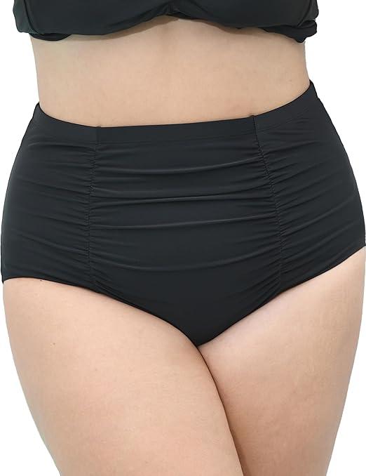 Women Plus Size Ruched High Waisted Black Bikini Bottoms Full Coverage Swimsuit Bottom Tummy Control Swim Bottoms Large, 