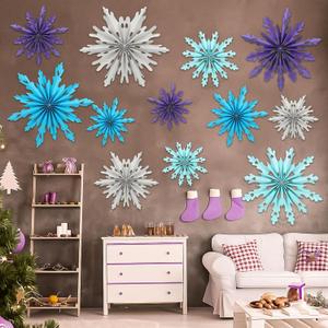 12 Pcs Snowflakes Hanging Decorations Blue Purple White Paper Fans Hollow Snowflakes Ceiling Hangings Decor Ice Birthday Fans Decor for Wedding Birthday Holiday Party Decoration(Purple)