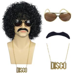 karlery Men Short Curly Black Wig with Mustache Golden Necklace Glasses 70s 80s Disco Afro Rocker Wig Fluffy Breathable for Cosplay Event Costume Halloween Party Wig