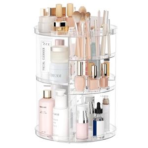 Rotating Makeup Organizer, DIY 8 Adjustable Layers Spinning Skincare Organizer, Cosmetic Display Case with Brush Holder Perfume Tray, Multi-Function Storage Carousel for Vanity Bathroom Countertop