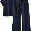 PRETTYGARDEN 2 Piece Outfits For Women Casual Tracksuit Short Sleeve Tops And Wide Leg Long Pants Matching Lounge Sets (Blue, L)