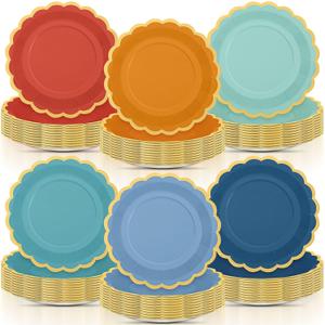 96 Pcs Blue and Orange Paper Plates 9 Inch Gradient Scalloped Paper Plates Disposable Dinner Dessert for Birthday Wedding Bridal Party Supplies, 6 Colors (Colorful)
