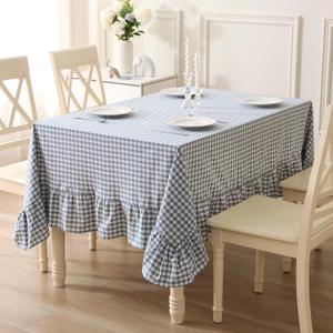 K MASANIJI 100% Cotton Dust Blue Plaid Ruffled Table Cloth for Rectangle Table, Classic Farmhouse Checker Gingham Vintage Decorative Tablecloth (Dust Blue/ White Plaid, 70x52 inches)