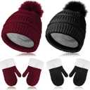 2 Sets Toddler Hats and Gloves Fleece Lined Beanie Babies Girl Toddler Beanie Boy Hat with Winter Warm Mittens Thick (Wine Red and Black,1-3 years)