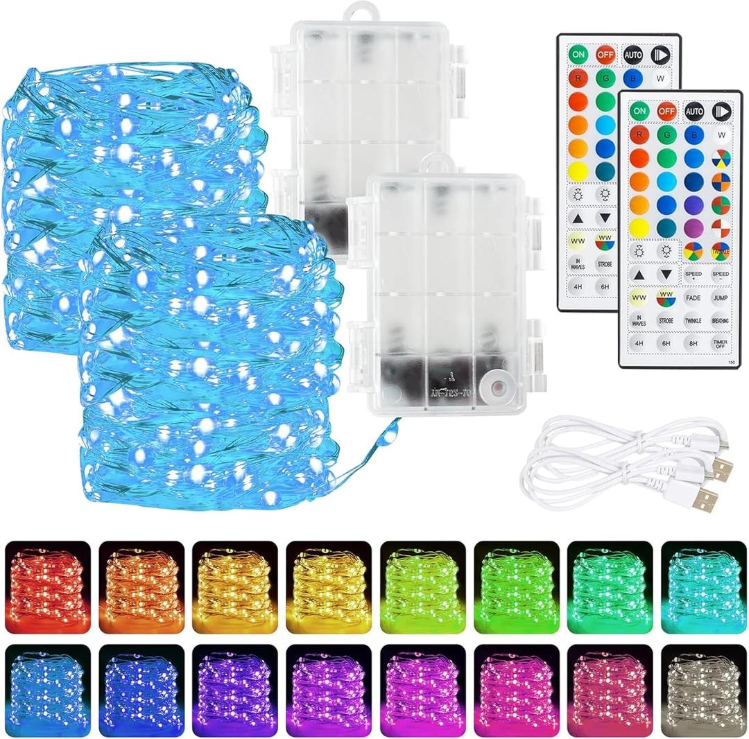 Dazzle Bright Color Changing Fairy Lights Battery Operated, 2 Pack Total 40FT 120LED Silver Copper Wire RGB String Lights with Remote, Waterproof Halloween Decorations for Indoor Outdoor Party Decor
