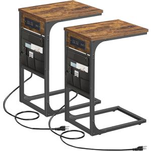 TUTOTAK C Shaped End Table with Charging Station, Side Table for Sofa, Couch with Storage Bag, Set of 2, TV Tray with 2 USB Ports and Outlets for Living Room, Bedroom, Brown TB01BB0242
