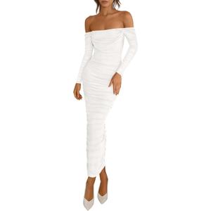 PRETTYGARDEN Womens 2025 Fall Long Sleeve Maxi Dress Off Shoulder Mesh Ruched Bodycon Trendy Long Wedding Guest Dresses (XX-Large, White)