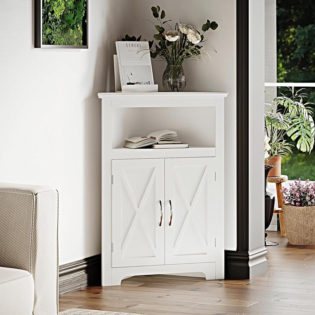 ChooChoo Corner Storage Cabinet, Small Corner Cabinet with Barn Door Design and Adjustable Shelf, Home Space Saver for Living Room, Bathroom, Kitchen, White