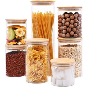 Glass Food Storage Jars, Glass Jars with Bamboo Lids, Kitchen Storage Jars, Canisters with Airtight Lids for Spice, Coffee, Cookie, Set of 7, Pantry Organizers