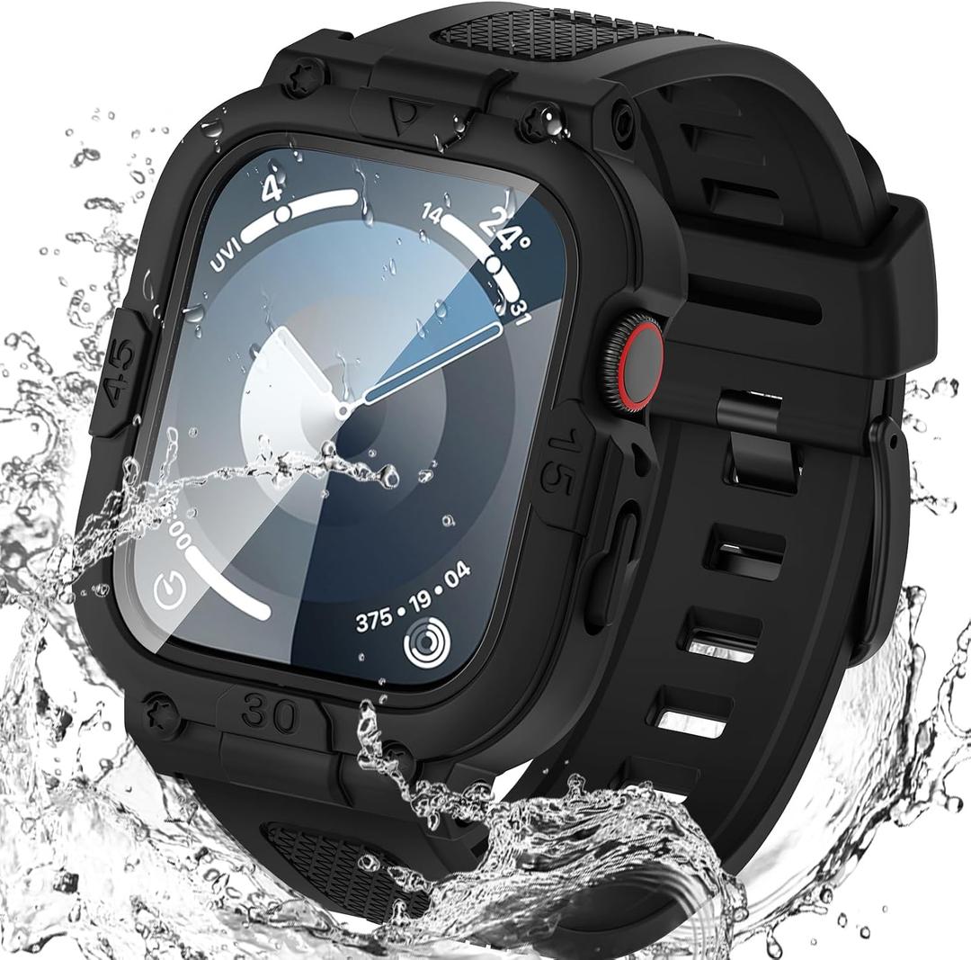 Goton 3 in 1 Waterproof Case and Band with Tempered Glass Screen Protector for Apple Watch Series 10 9 8 7 6 5 4 SE2 SE Ultra 45mm, Bumper Cover for iWatch Accessories (Matte Black)