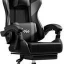 HLDIRECT Gaming Chair, Ergonomic Computer Office Chair with Lumbar Support Footrest Headrest, Adjustable Height & Backrest Angle Video Gamer Chair, PU Leather, 360° Swivel, Adult (Black&Grey), Standard