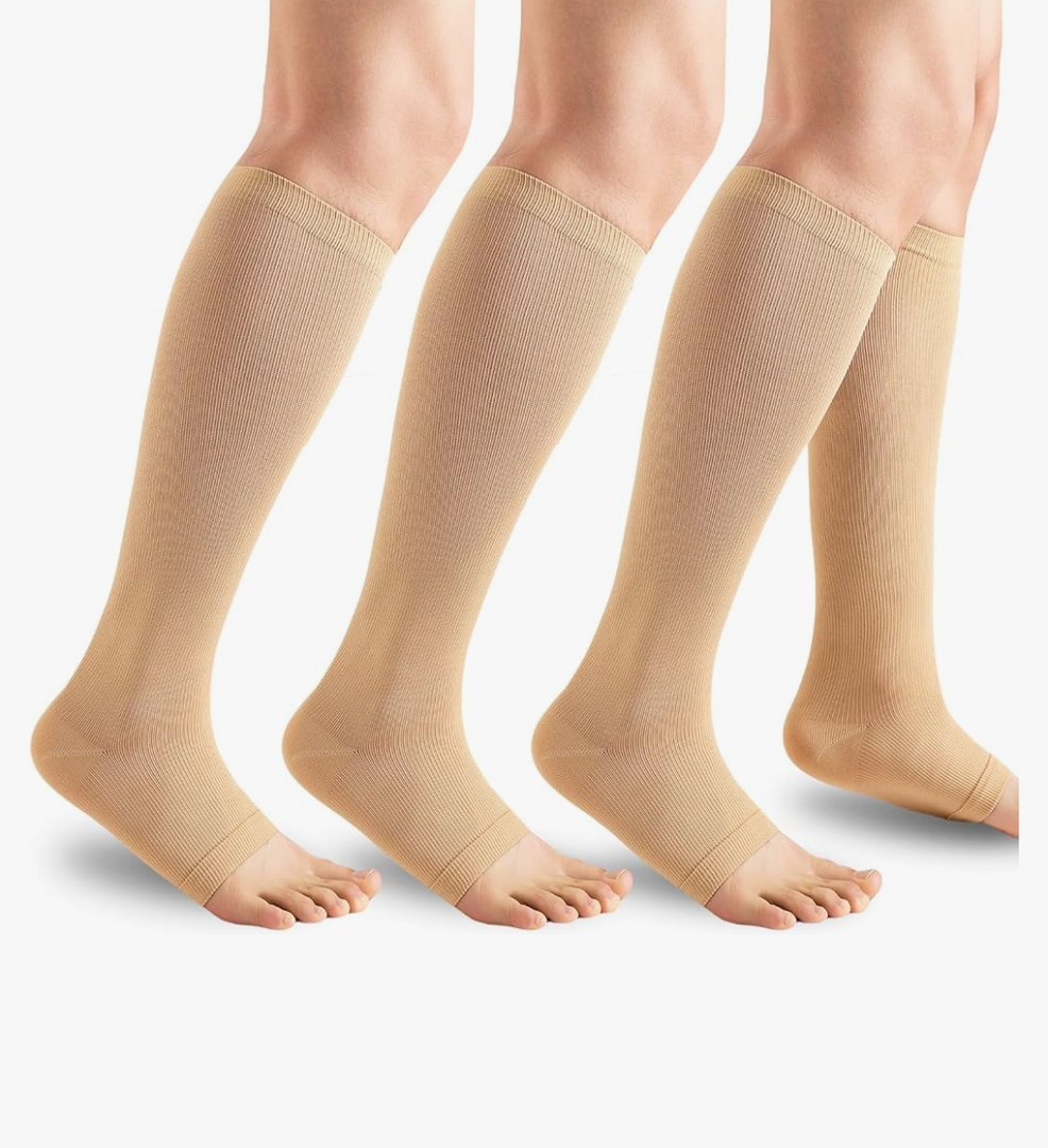 3 Pairs Open Toe Compression Socks for Men & Women - 15-20 mmhg Knee High Stockings for Circulation Support 2XL
