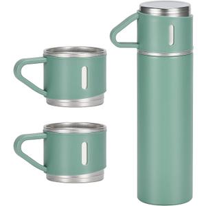 500ml/17 OZ Stainless Steel Coffee Thermo Vacuum Flask Set, Insulated Water Bottle with Three Cup for Hot and Cold Drinks, Green