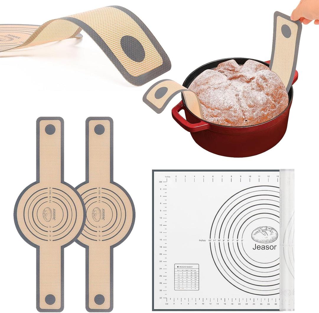 3 PCS Silicone Baking Mat Set, Silicone Bread Sling for Dutch Oven, Reusable Sourdough Bread Baking Supplies, Non-Stick and Easy Clean, with Long Handles (Gray)