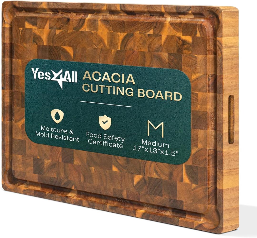 Yes4All Durable Acacia Cutting Boards for Kitchen, [17''Lx13''Wx1.5 Thick] Medium End Grain Cutting Board, Pre Oiled Wood Cutting Boards, Thick Chopping Board w/Juice Grooves and Easy Grip Handle