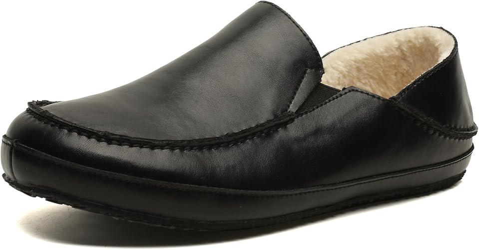 Men's Slippers Premium Leather Warm Cozy House Slippers For Men Slip On Drop-In Heel Fur Lining Shoes Suitable for Indoor Outdoor Non-Slip Walking Loafers 8