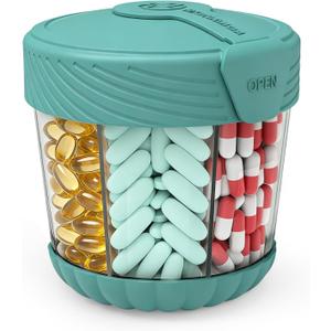 HIONXMGA Large Pill Dispenser, Portable Pill Bottle Organizer for 7 Vitamins, Anti-Mix Supplement Organizer with Easy Twist Wide Opening, BPA-Free Pill Container, 20 Pcs Labels Included, Cyan
