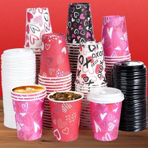 200set valentines day disposable coffee cups with lids 12oz, pink black heart print disposable paper cups, 5 styles valentines cups for hot chocolate cold drinks wedding valentines day party supplies, Red and Pink