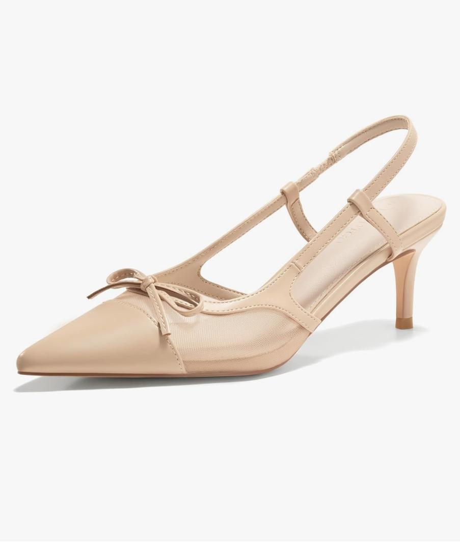 Coutgo Womens Kitten Heels Slingback Mesh Pumps Bow Tie Closed Pointed Toe Two Tone Slip on Work Dress Shoes 8