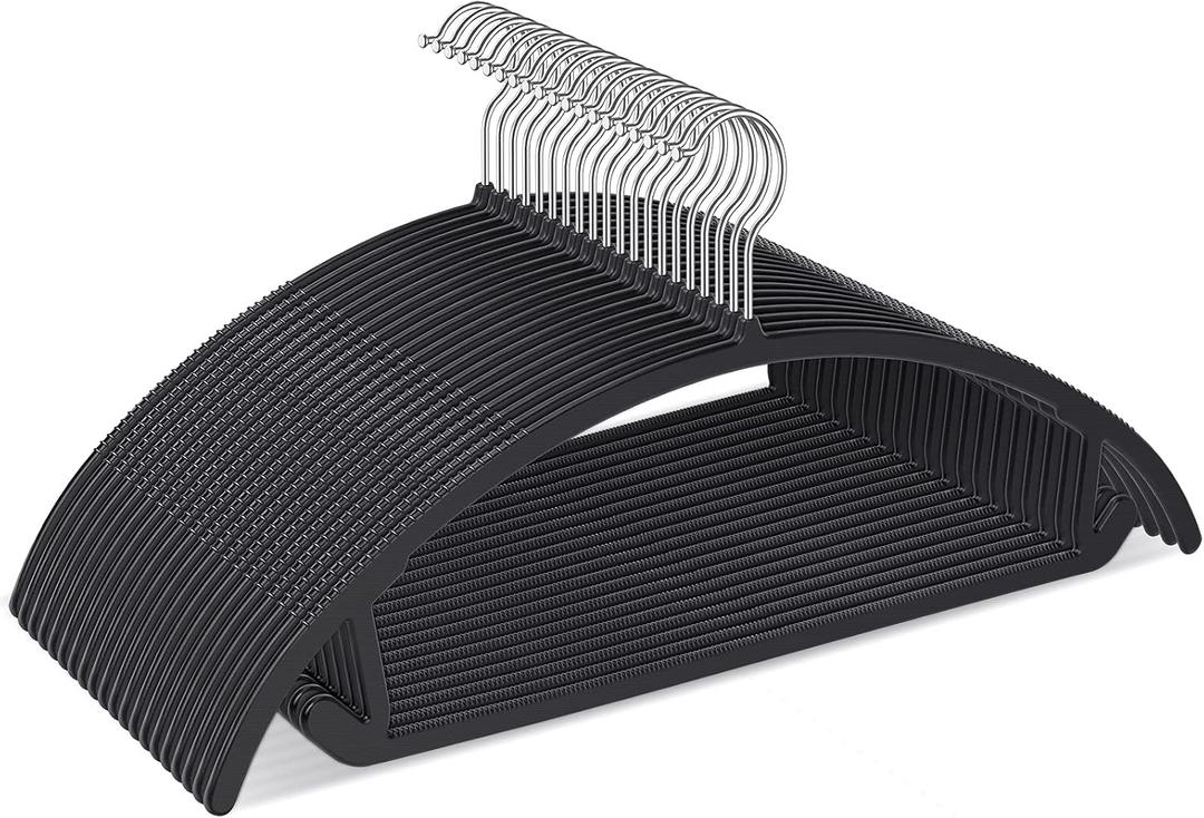 Ergonomic Curved Plastic Hangers 50pack - No Shoulder Bump Design, Non-Slip Grip for Delicate Fabrics, Heavy Duty Clothes Hangers, Holds Up to 11lbs - Ideal for Silk, Coats & Winter Wear(Black)