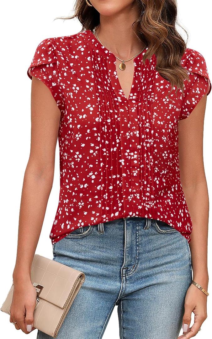 Blooming Jelly Womens Blouses Dressy Causal V Neck Pintuck Short Petal Sleeve Business Tops Ladies Summer Trendy Work Shirt (Large, Red Floral)