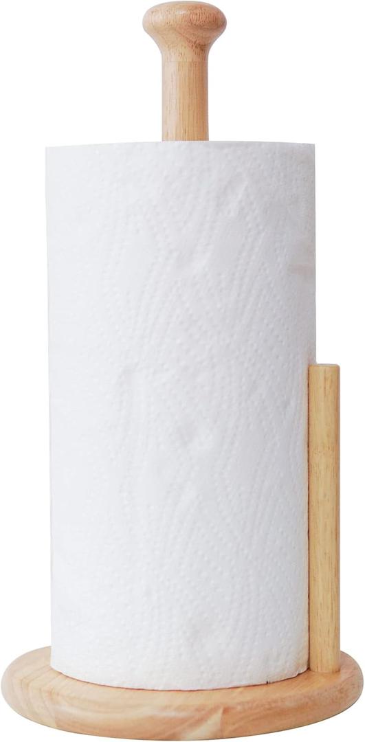 Paper Towel Holder Large Base Dia 7" Wooden Natural Color Countertop with Rubber Wood Round Base Kitchen Bathroom Roll Organizer Wooden Paper Holder Stand for Dining Table Home (ZJ281Y)