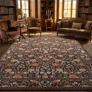 GarveeHome Brown Vintage Floral Washable Rugs 5x7 for Living Room Black Boho Botanical Retro Rug Low Pile Stain Resistance Non Slip Carpet for Bedroom Nursery Dining Room