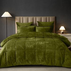 PHF Double-Sided Velvet Comforter Set Queen Size, 5 Piece Soft Luxury Winter Warm Bedding Sets, Modern Bed in A Bag Including 1 Cozy Comforter, 2 Pillow Shams, 2 Euro Shams for Home Decor, Olive Green