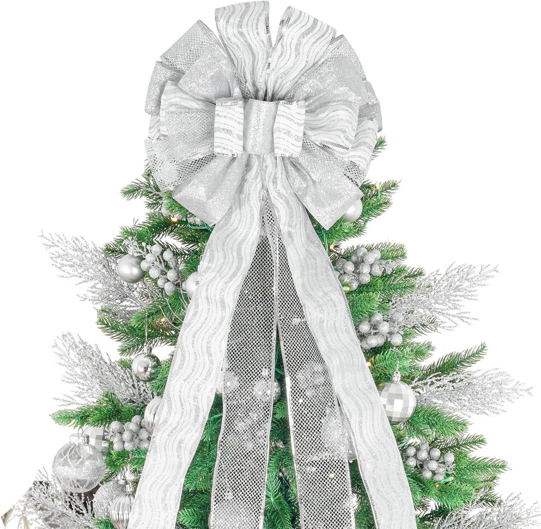 Christmas Tree Topper, 32x12 Inches Large Toppers Bow with Glitter Satin Mesh Streamer, Silve Christmas Tree Topper for Christmas Home Decoration (Silver)