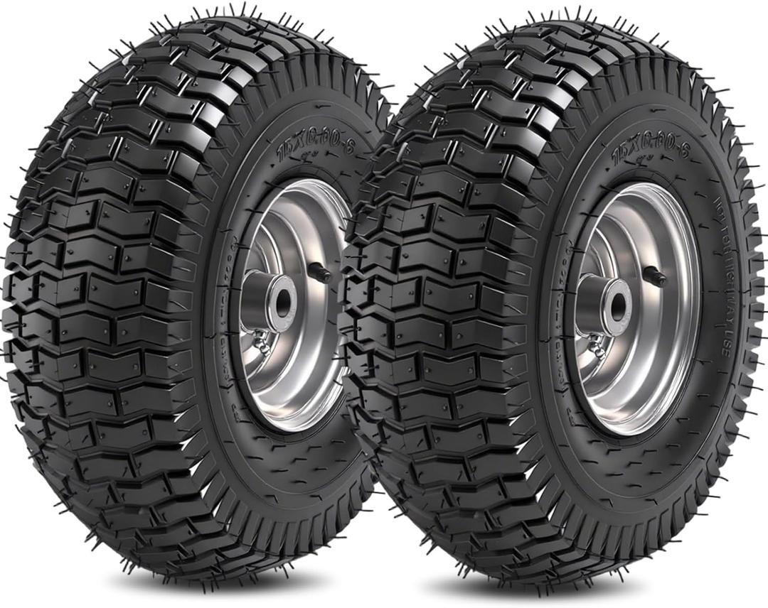 (2 Pack) RRQ 15x6.00-6nhs Lawn Mower Tires and Wheel Assembly, Replacement Riding Lawn Mower Front Tires, Compatible with John Deere Craftsman Husqvarna Lawn Mowers, 3/4" Bushings, 3" Centered Hub