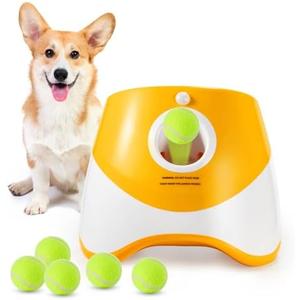 Soco Dog Ball Thrower Launcher, Automatic Launcher with 6 Mini Tennis Balls, Interactive Dog Toys Indoor Outdoor Ball Thrower Machine for Small Dogs with 3 Distance Settings