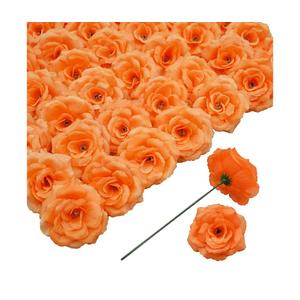 Rose Artificial Flowers, 50Pcs Orange Roses Head Flowers Bulk with Stem, 3 Inches Silk Rose Fake Flower Head for Wedding Party Home Decor DIY Baby Shower Centerpieces Tables Decoration(Deep Orange)