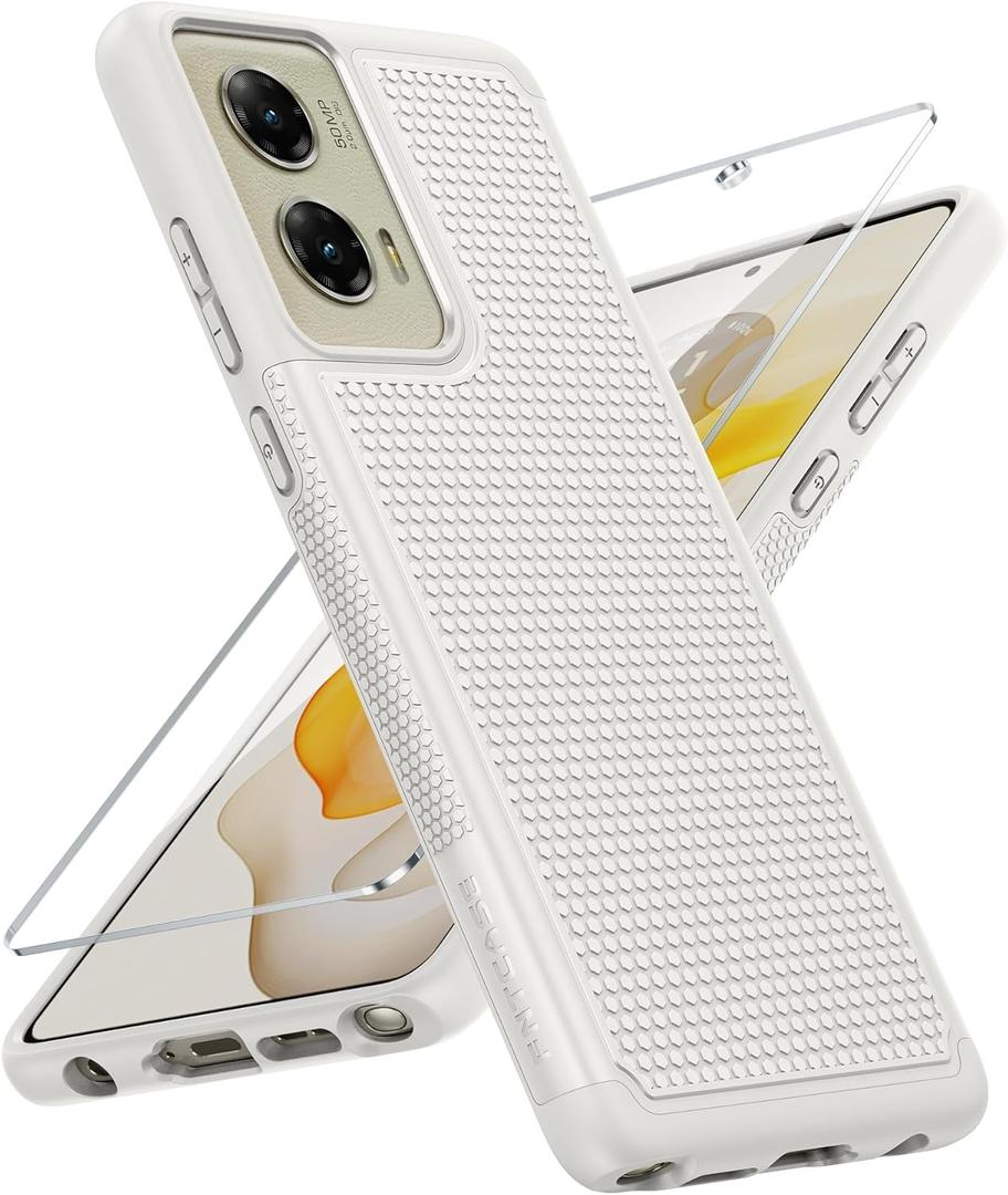 FNTCASE for Moto G-Stylus 2024 Case: 14FT Military Grade Drop Protection with Screen Protector Shockproof Rugged Anti-Slip Sweat-Resistant Matte Dual Layer Daily Cover - 6.7 inch (White)