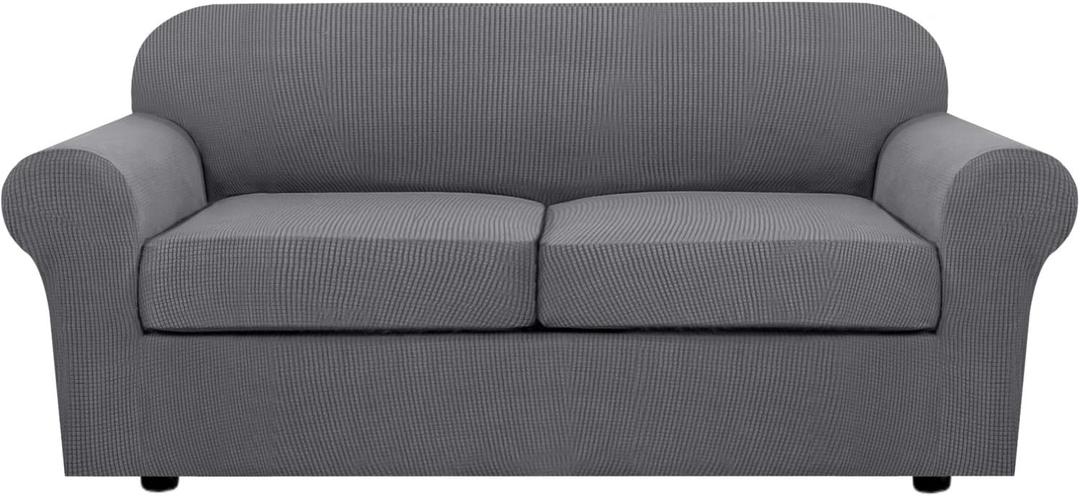 H.VERSAILTEX 3 Piece Stretch Sofa Covers for 2 Cushion Sofa Couch Covers for Living Room Furniture Cover (Base Cover Plus 2 Seat Cushion Covers) Thicker Jacquard Fabric(Large Sofa, Grey) (Medium-XL)