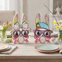 Leinuosen 2 Pcs Easter Decorations Coquette Bow Wooden Bunny Couple Happy Easter Table Centerpiece Signs, Cute Rabbit with Glasses Wood Decor for Home Office Gifts Party Supplies