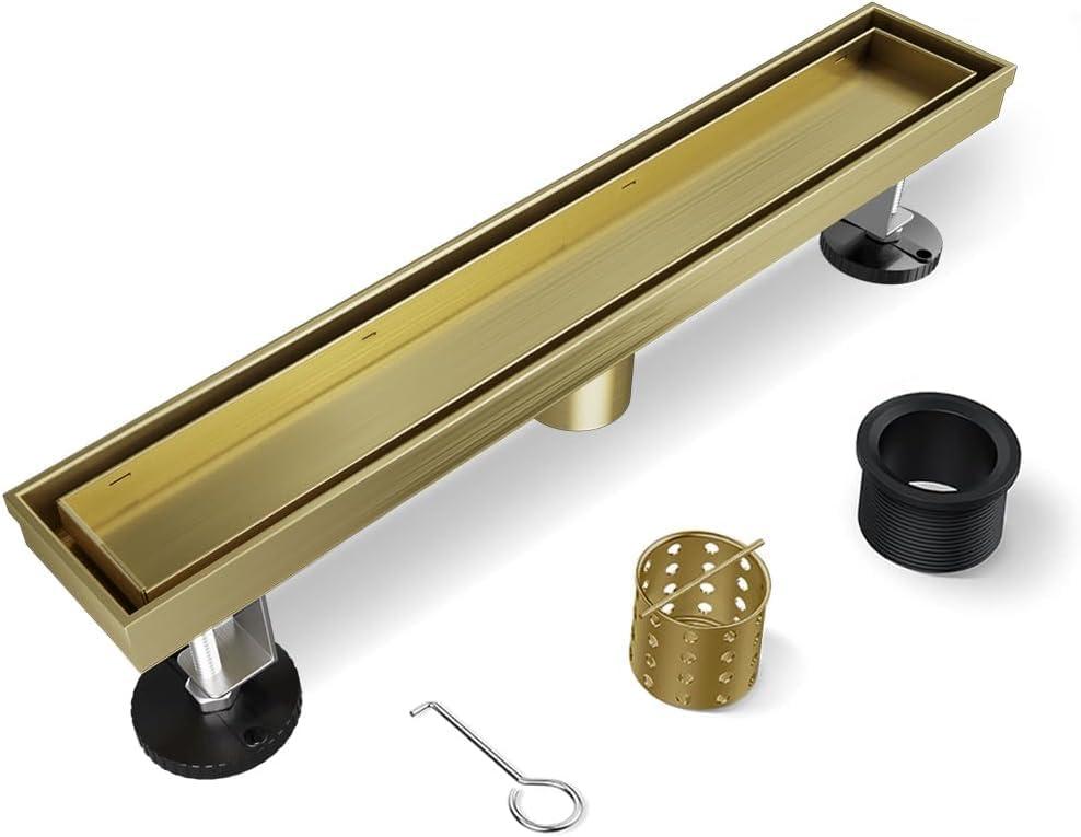 Shower Drain, 18 Inch Gold Linear Shower Drain with Removable Tile Insert Grate, 2 in 1 Bathroom Modern 304 Stainless Steel Brushed Gold Shower Floor Drain with Adjustable Feet,Hair Filter