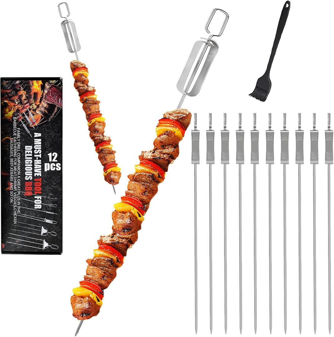 SHIKORI Kabob Skewers,15 inch Metal Skewers for Kabobs with Push Bar Skewers for Grilling, Stainless Steel Flat BBQ Skewers for Meat (12-Pcs) SHIKORI Kabob Skewers,15 inch Metal Skewers for Kabobs with Push Bar Skewers for Grilling, Stainless Steel Flat BBQ Skewers for Meat (12-Pcs)